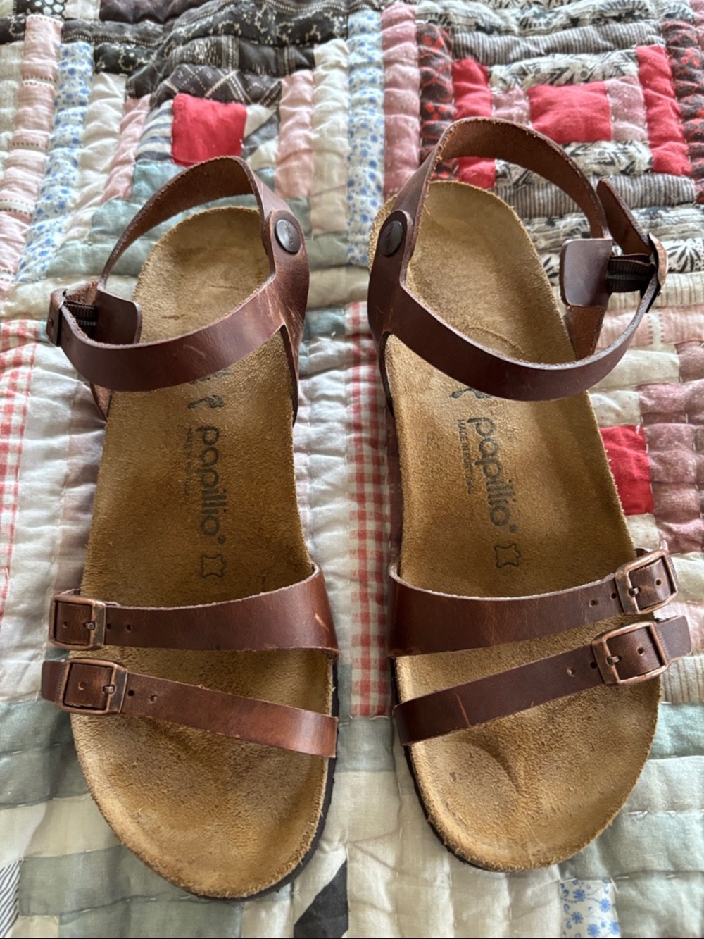 Papillio Brown Leather Sandals With Cork Low Wedges, Size 41.